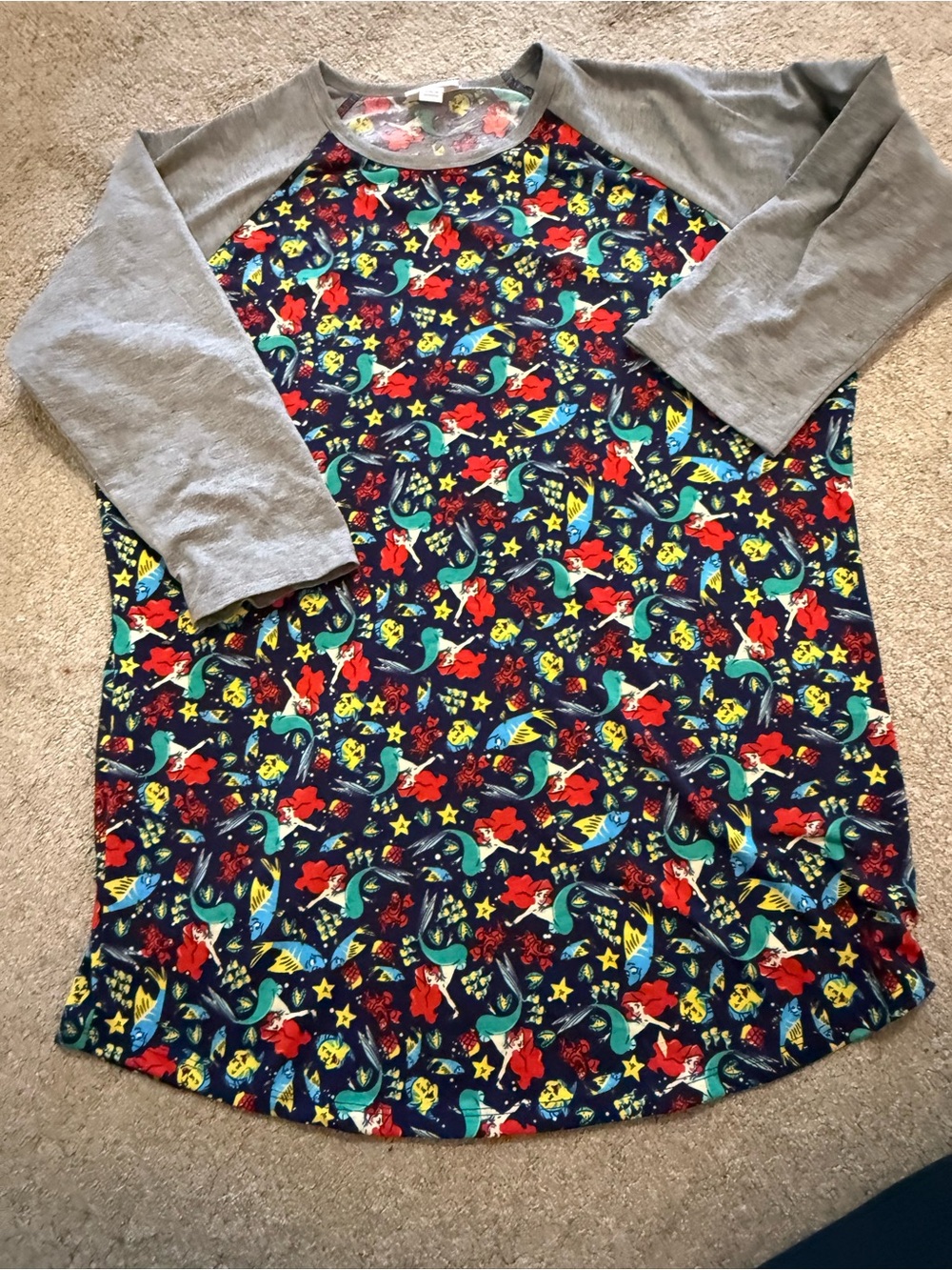 Womens luluroe Disney little Mermaid Print Raglan Top with Gray Sleeves